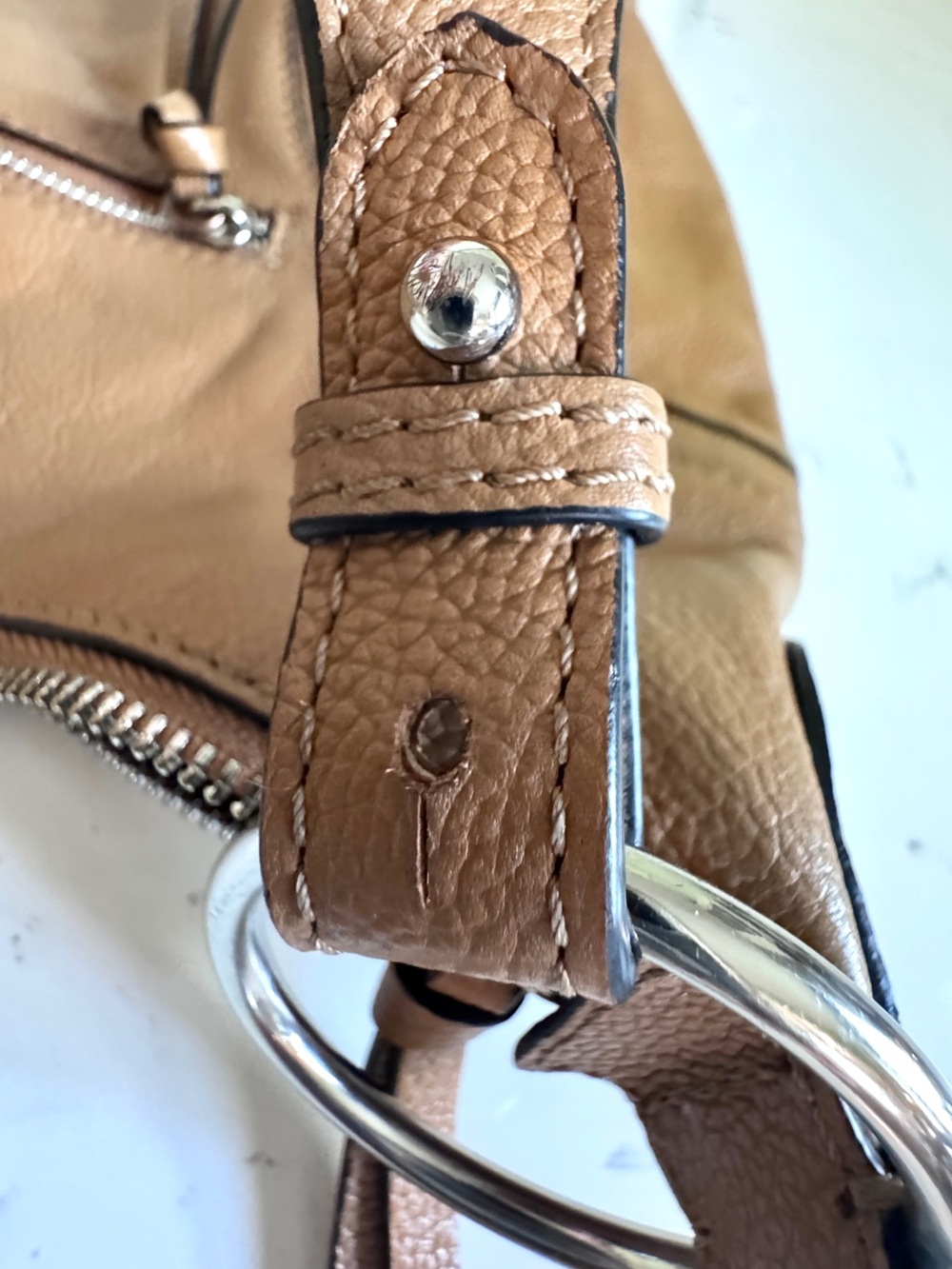Tahari Tan Pebbled Genuine Leather Hobo Bohemian Shoulder Bag Silver Accents EUC - Picture 13 of 15
